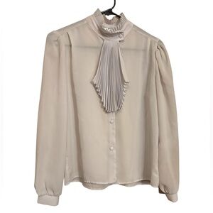 Vintage Cream Button Down Blouse with Front Ruffle and Victorian Collar